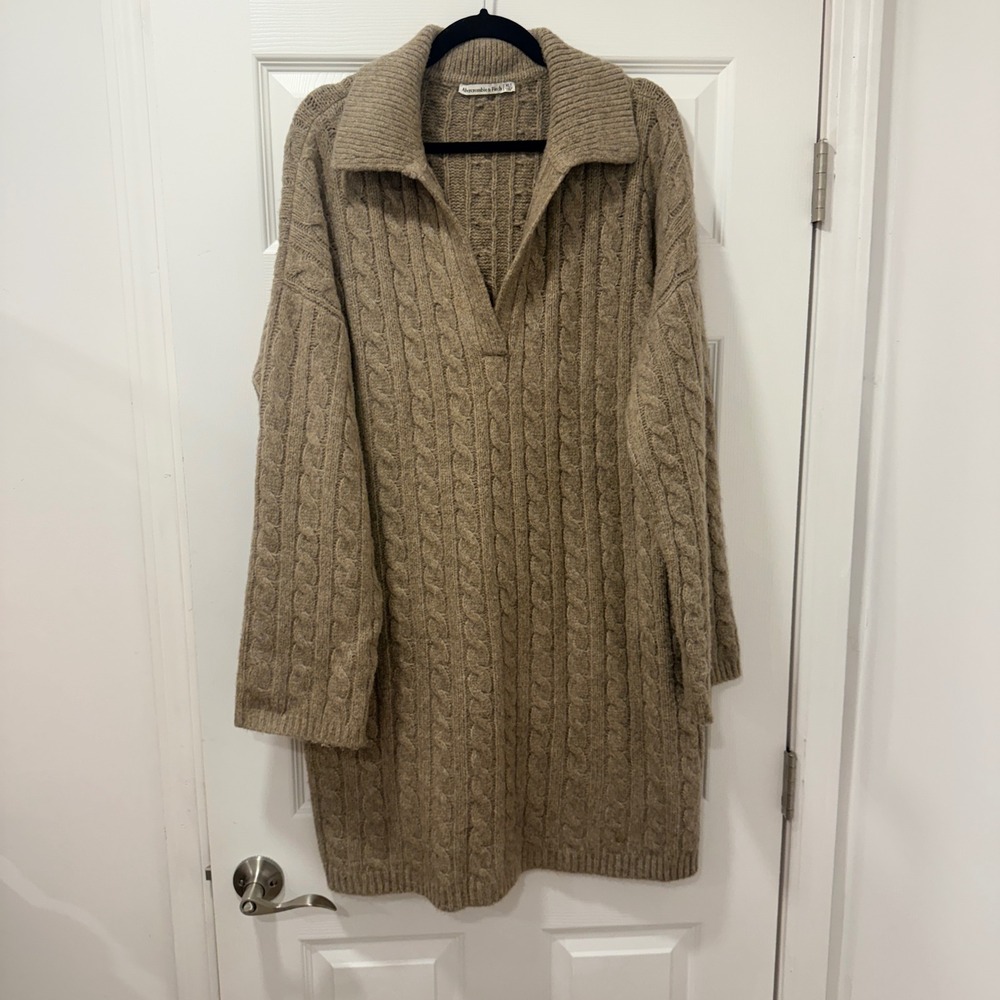 Abercrombie & Fitch Brown Cable Knit Polo Sweater‎ Dress Womens XLT Tall V-Neck